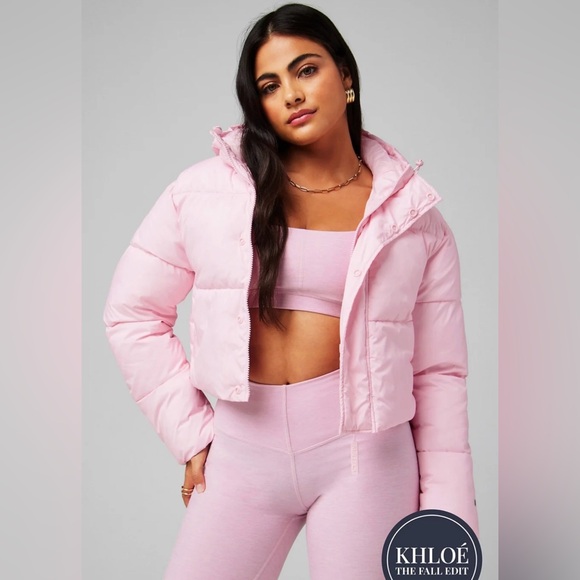 Fabletics Jackets & Blazers - Fabletics Essential Cropped Hooded Puffer, Sugar Pink, S